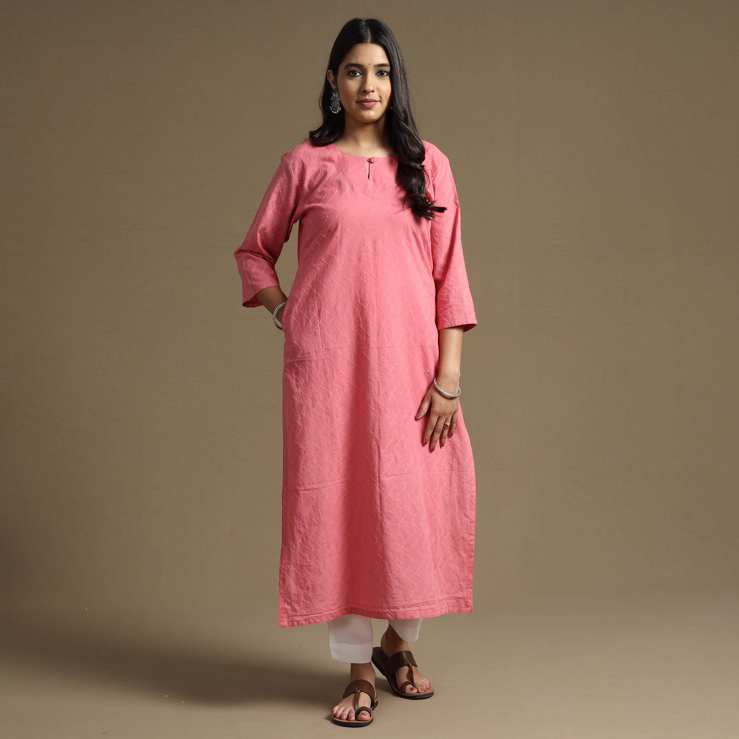 Pink Plain Cotton Tagai Work Long Kurta