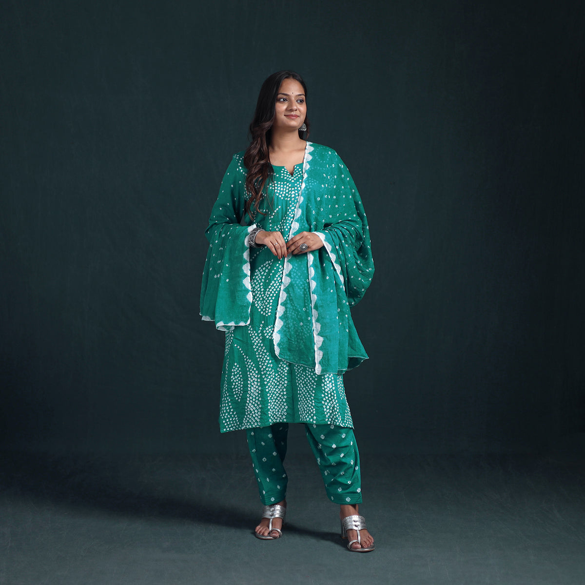 Bandhani Tie-Dye Cotton Suit Set with Dupatta for Women 13