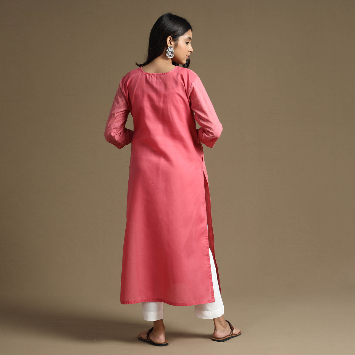 Pink Plain Cotton Tagai Work Long Kurta