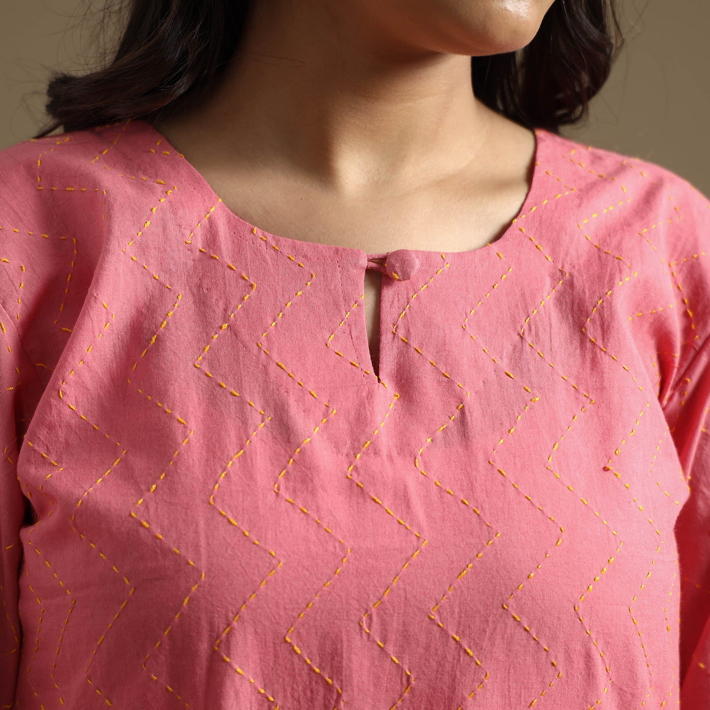 Pink Plain Cotton Tagai Work Long Kurta