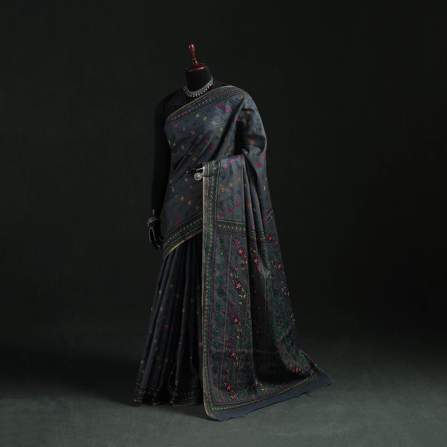 Black - Bengal Kantha Hand Embroidery Silk Cotton Chapa Work Saree 78
