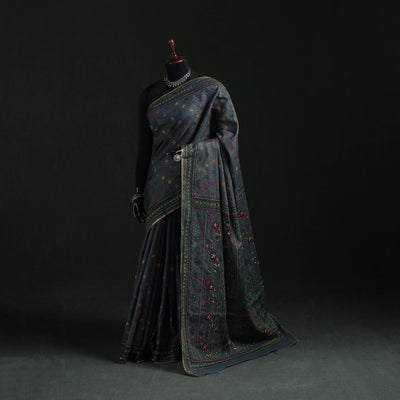 Black - Bengal Kantha Hand Embroidery Silk Cotton Chapa Work Saree 78