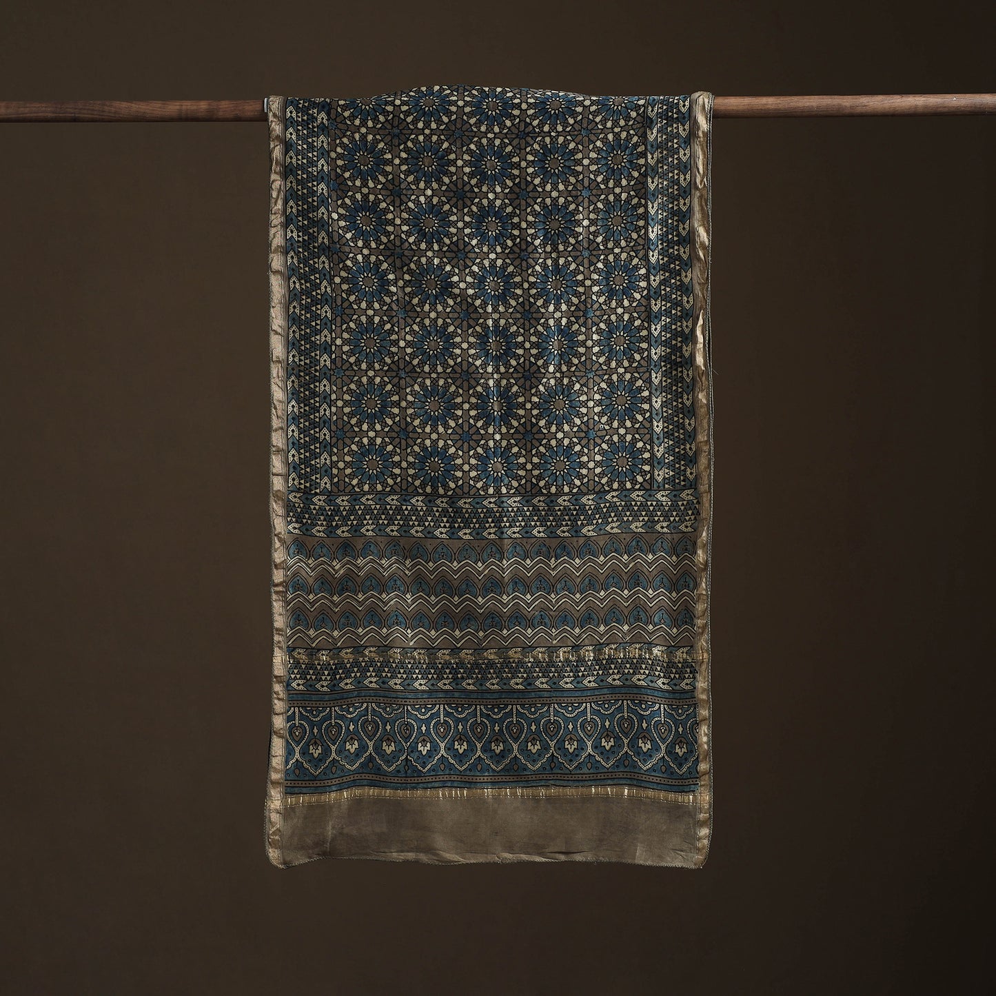 Handloom Chanderi Silk Ajrakh Hand Block Print Natural Dyed Stole 07