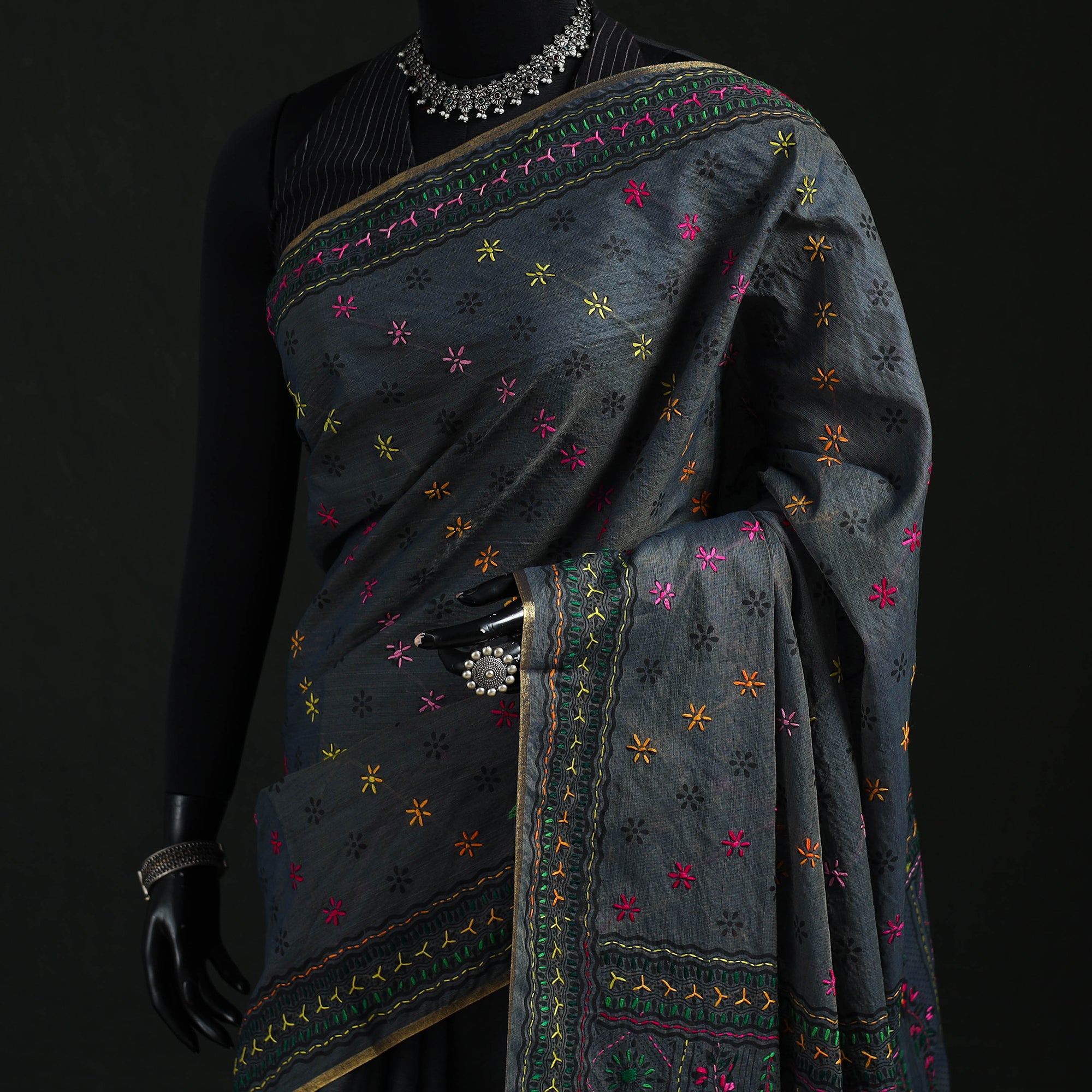 Hand Chapa Black Bengal Kantha Hand Embroidery Silk Cotton Chapa Work Saree