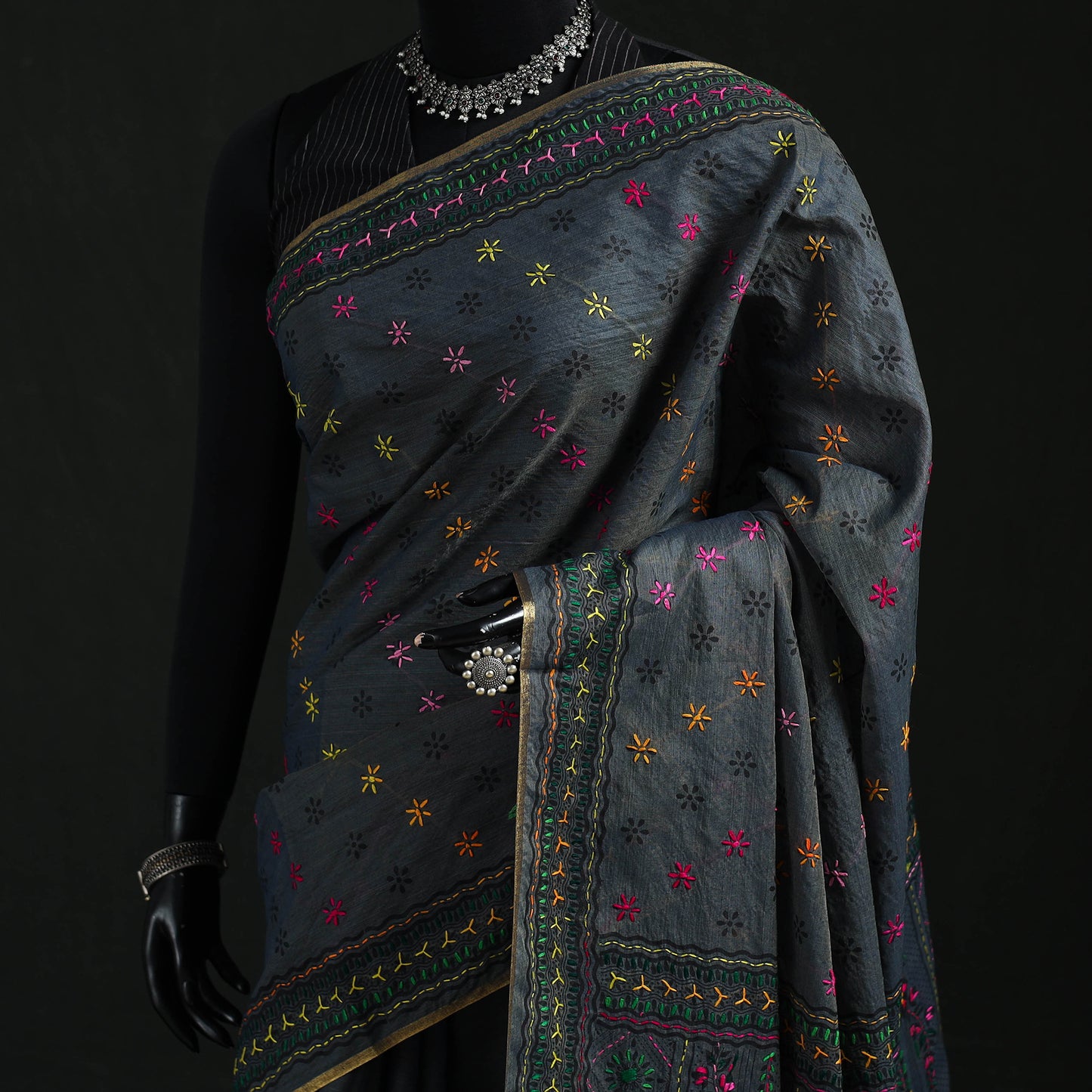 Black - Bengal Kantha Hand Embroidery Silk Cotton Chapa Work Saree 78