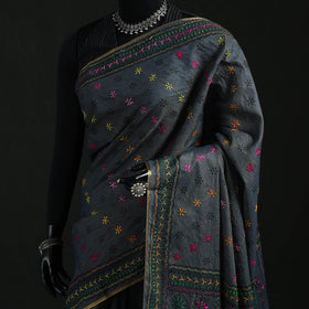 Black - Bengal Kantha Hand Embroidery Silk Cotton Chapa Work Saree 78