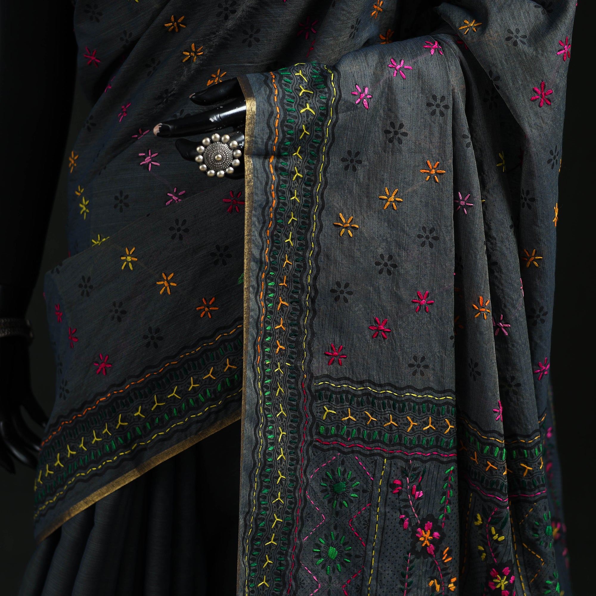 Hand Chapa Black Bengal Kantha Hand Embroidery Silk Cotton Chapa Work Saree