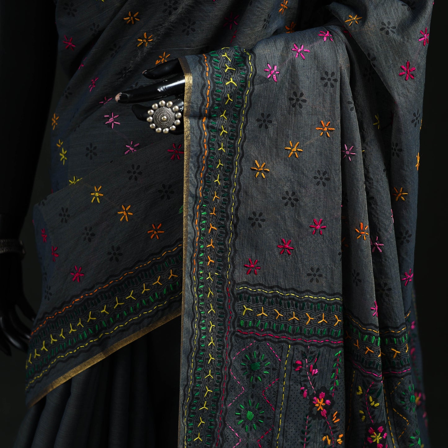 Black - Bengal Kantha Hand Embroidery Silk Cotton Chapa Work Saree 78