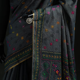 Black - Bengal Kantha Hand Embroidery Silk Cotton Chapa Work Saree 78