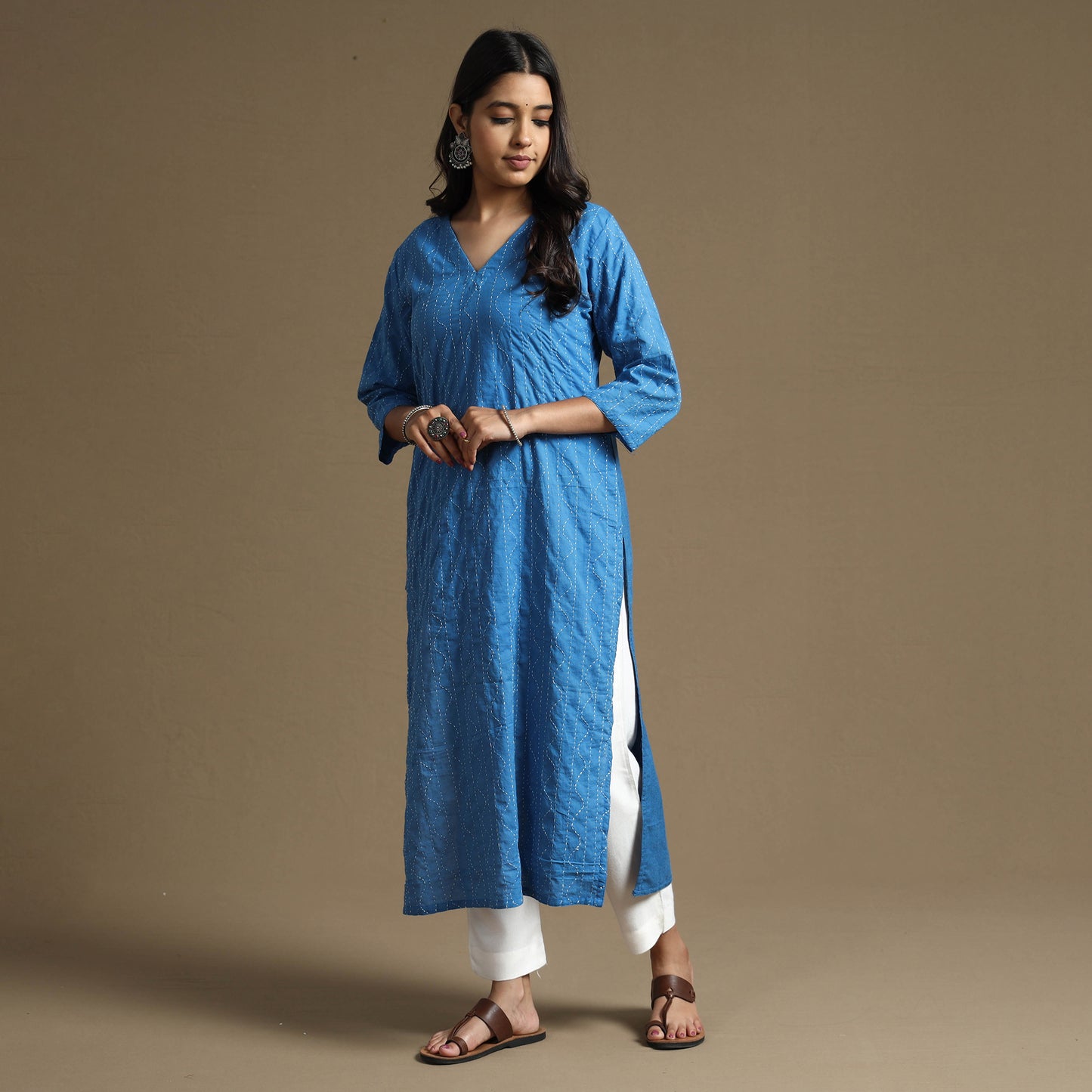 Sky Blue Plain Cotton Tagai Work Long Kurta