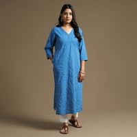 Sky Blue Plain Cotton Tagai Work Long Kurta