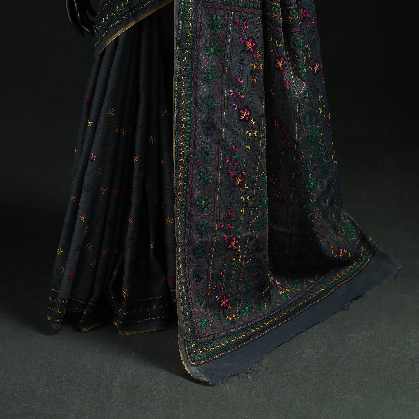 Black - Bengal Kantha Hand Embroidery Silk Cotton Chapa Work Saree 78