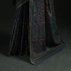 Black - Bengal Kantha Hand Embroidery Silk Cotton Chapa Work Saree 78