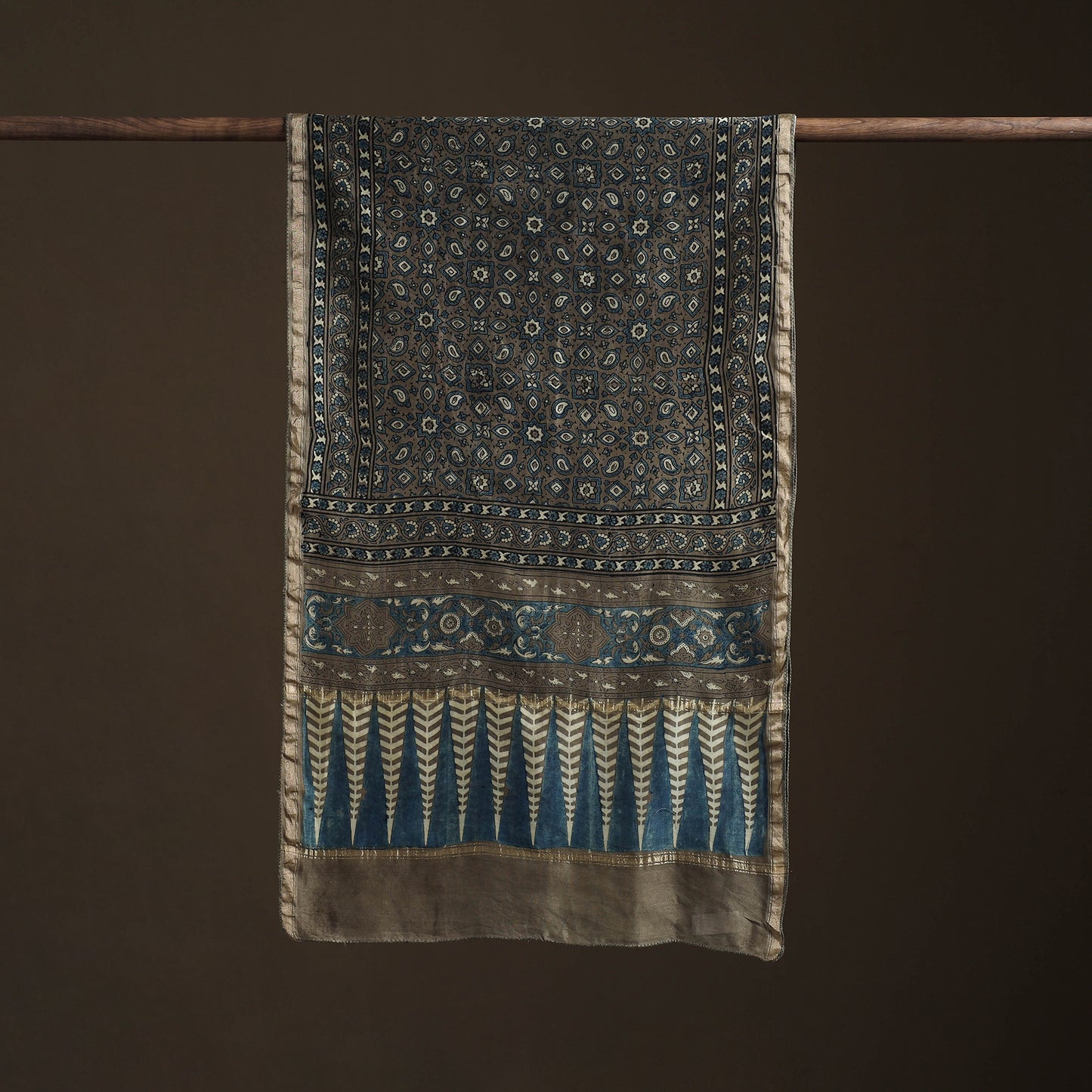 Handloom Chanderi Silk Ajrakh Hand Block Print Natural Dyed Stole 16