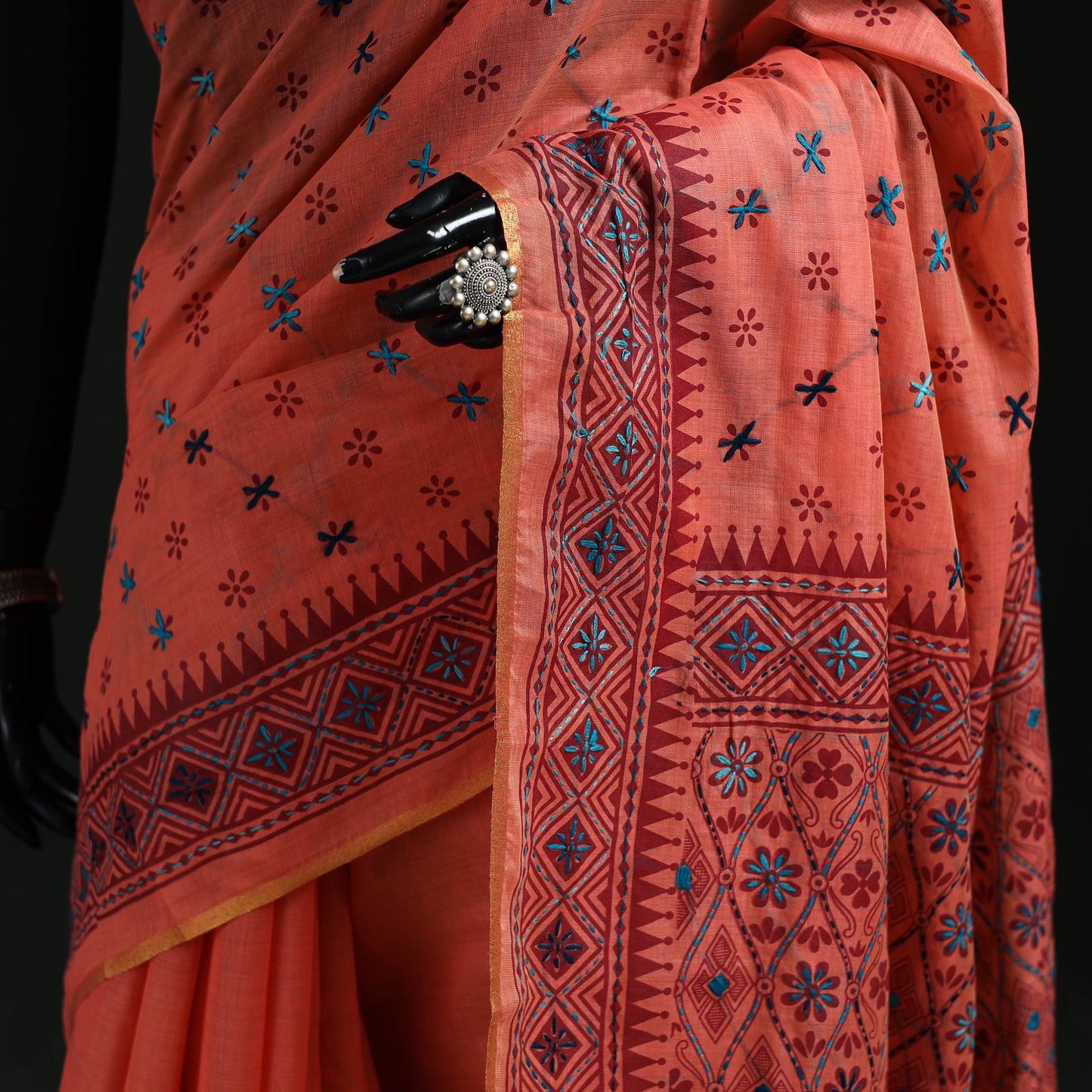 Peach - Bengal Kantha Hand Embroidery Silk Cotton Chapa Work Saree 79