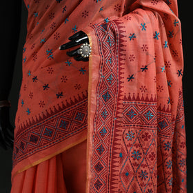 Peach - Bengal Kantha Hand Embroidery Silk Cotton Chapa Work Saree 79