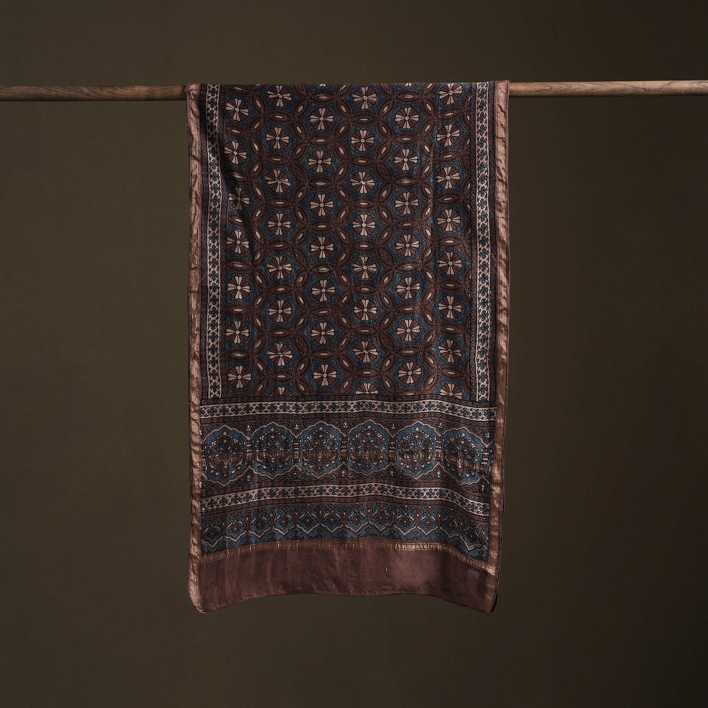 Handloom Chanderi Silk Ajrakh Hand Block Print Natural Dyed Stole 17