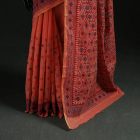 Peach - Bengal Kantha Hand Embroidery Silk Cotton Chapa Work Saree 79