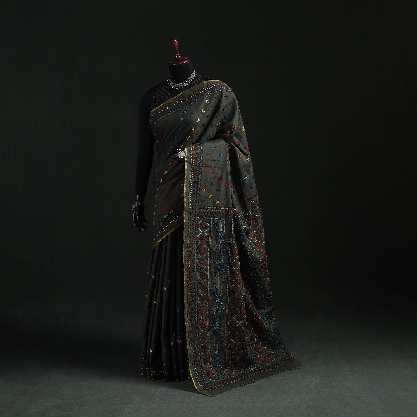 Black - Bengal Kantha Hand Embroidery Silk Cotton Chapa Work Saree 80