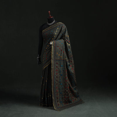 Black - Bengal Kantha Hand Embroidery Silk Cotton Chapa Work Saree 80