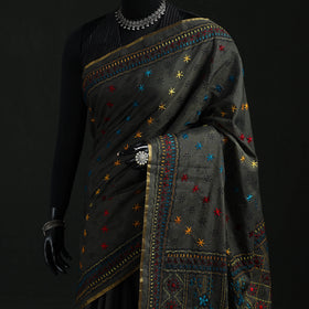 Black - Bengal Kantha Hand Embroidery Silk Cotton Chapa Work Saree 80