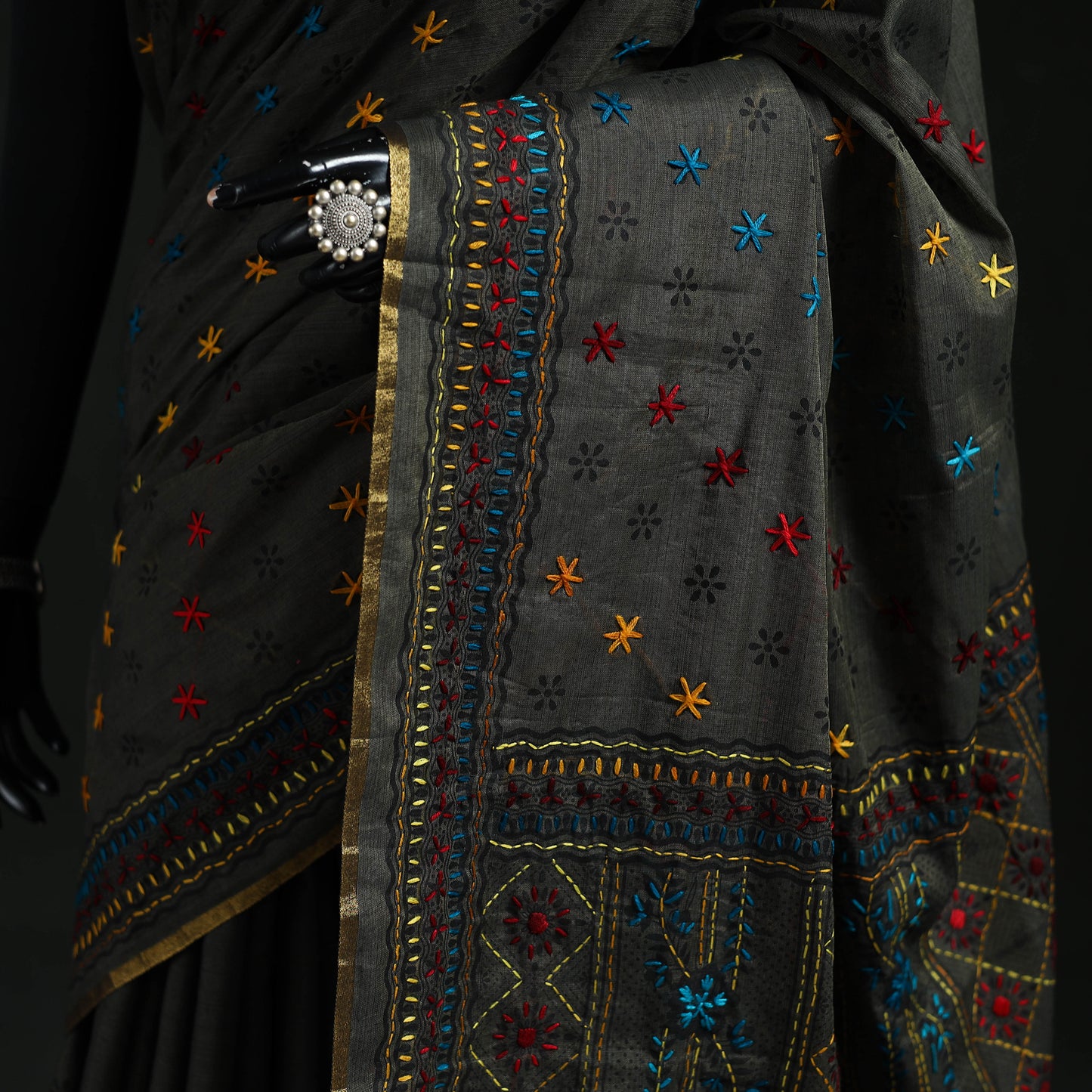 Black - Bengal Kantha Hand Embroidery Silk Cotton Chapa Work Saree 80