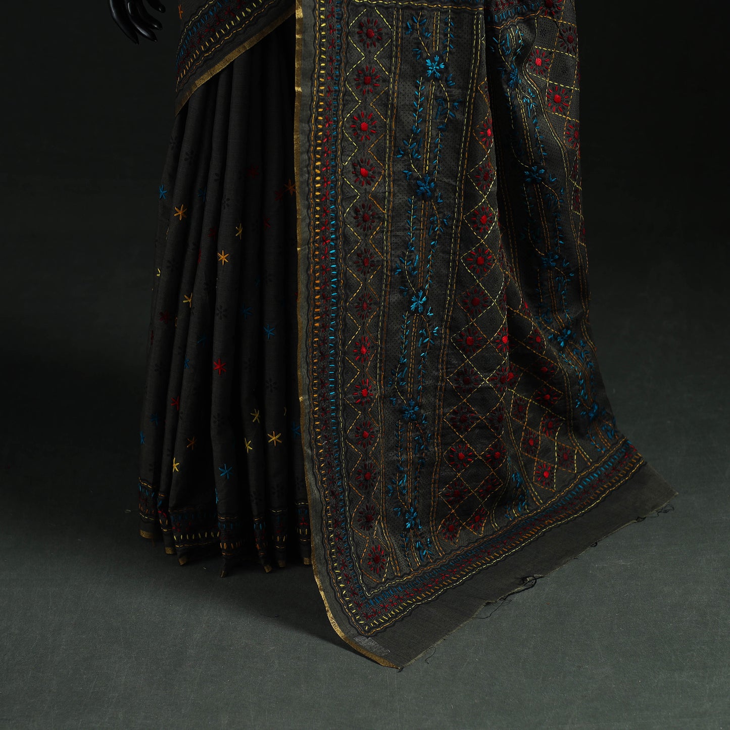 Black - Bengal Kantha Hand Embroidery Silk Cotton Chapa Work Saree 80