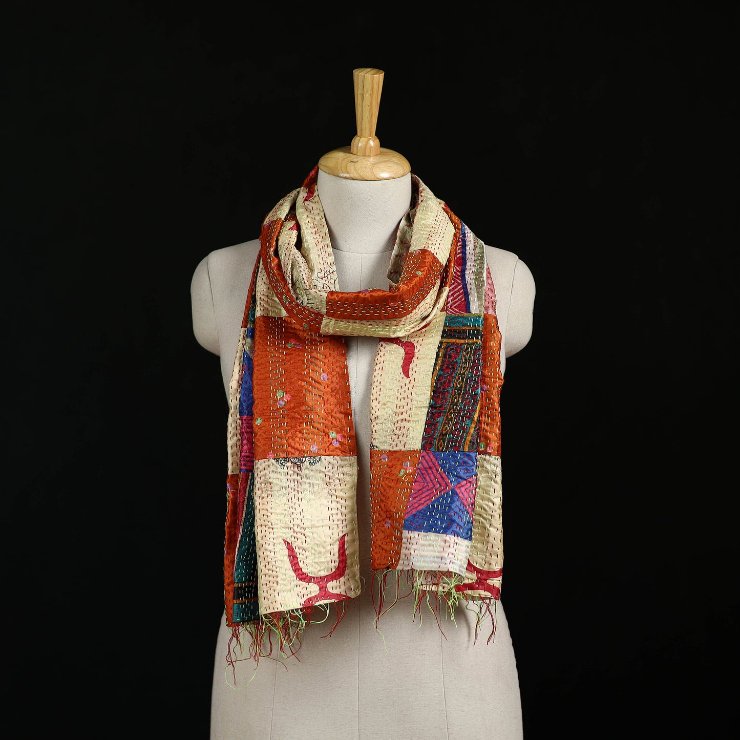 Bengal Kantha Handwork Patchwork Reversible Silk Stole 150