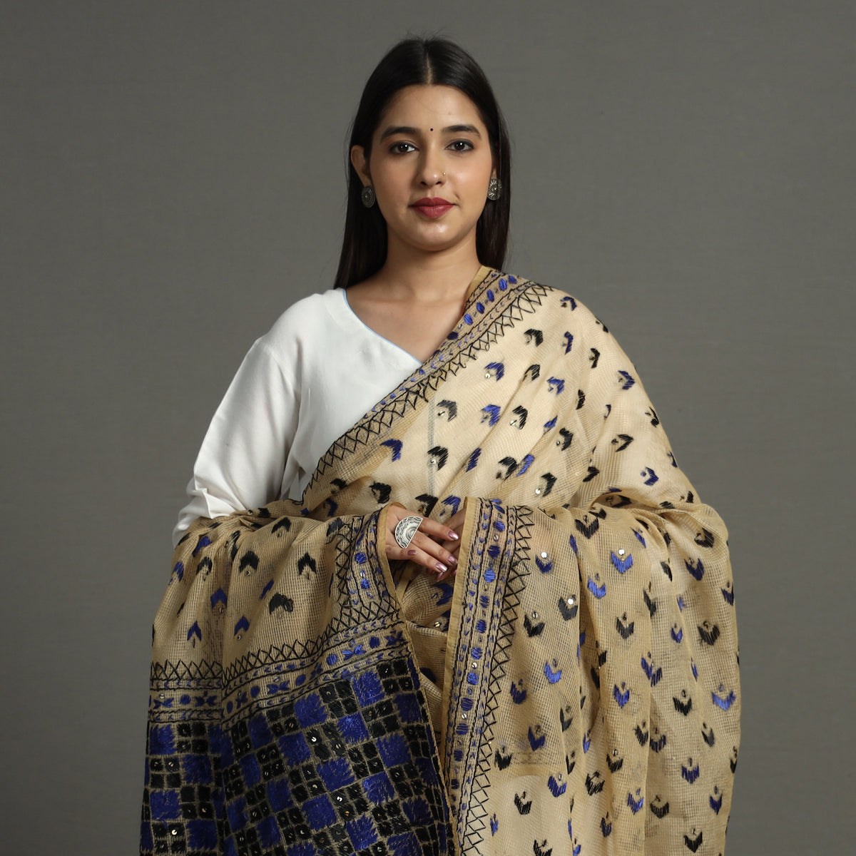 Beige - Phulkari Hand Embroidery Kota Doria Chanderi Silk Dupatta with Tassels 22