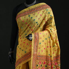 Yellow - Bengal Kantha Hand Embroidery Silk Cotton Chapa Work Saree 81