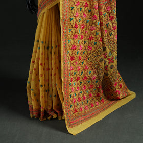 Yellow - Bengal Kantha Hand Embroidery Silk Cotton Chapa Work Saree 81