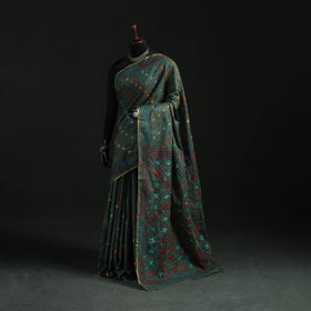 Green - Bengal Kantha Hand Embroidery Silk Cotton Chapa Work Saree 82