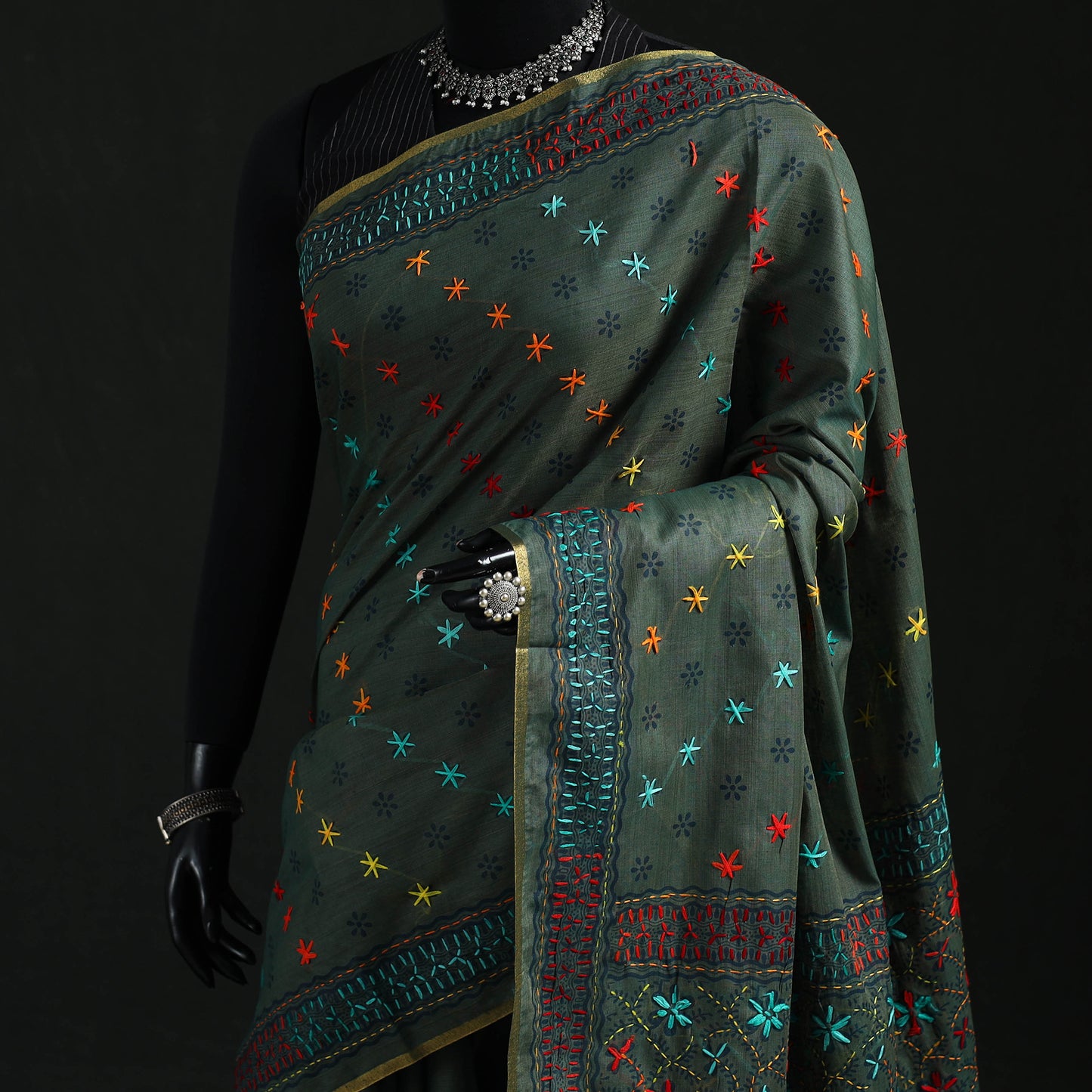 Green - Bengal Kantha Hand Embroidery Silk Cotton Chapa Work Saree 82