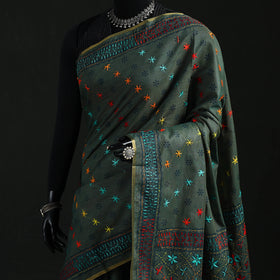 Green - Bengal Kantha Hand Embroidery Silk Cotton Chapa Work Saree 82