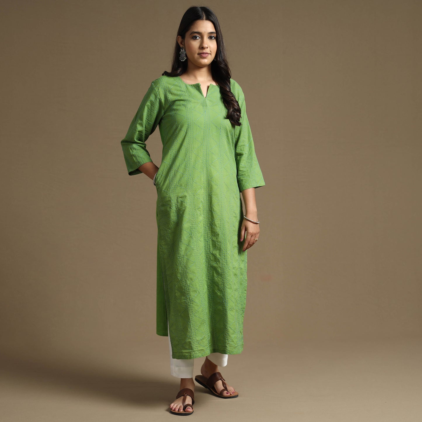 Apple Green Plain Cotton Tagai Work Long Kurta