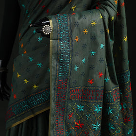 Green - Bengal Kantha Hand Embroidery Silk Cotton Chapa Work Saree 82