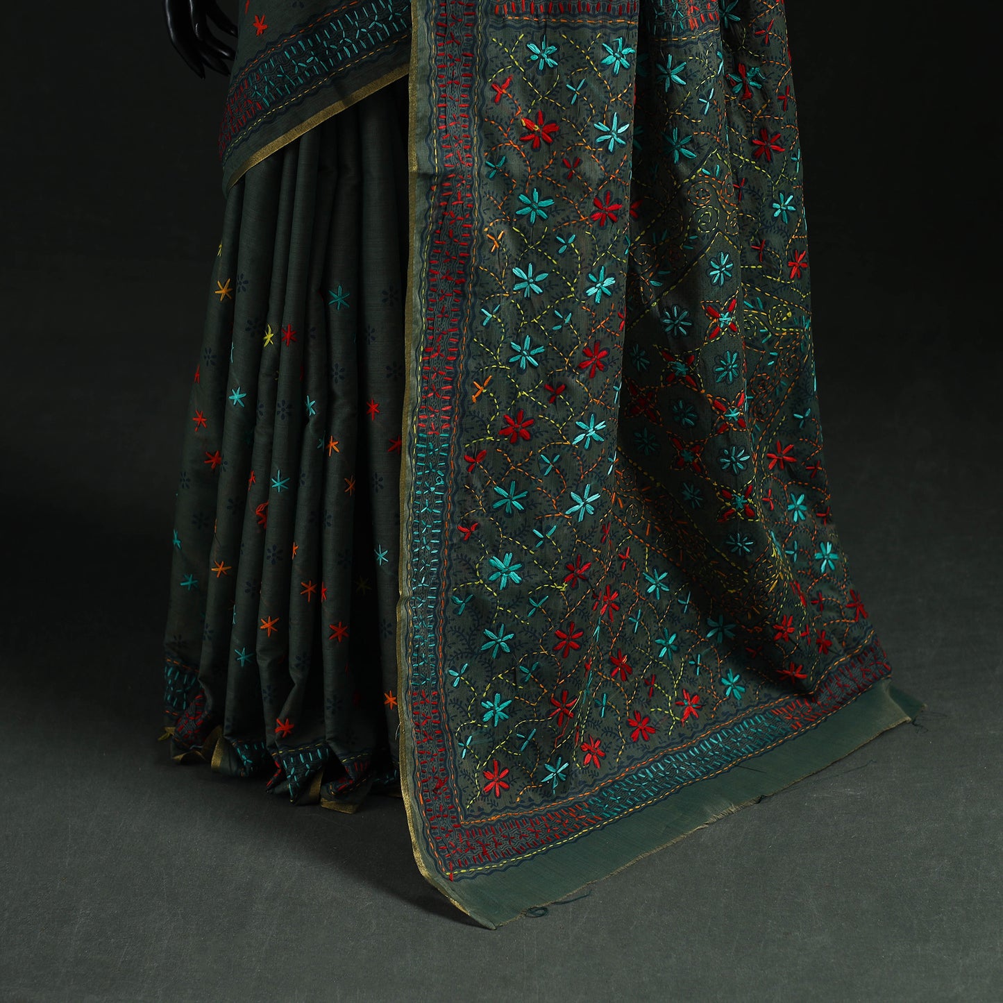 Green - Bengal Kantha Hand Embroidery Silk Cotton Chapa Work Saree 82