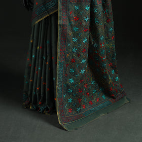 Green - Bengal Kantha Hand Embroidery Silk Cotton Chapa Work Saree 82