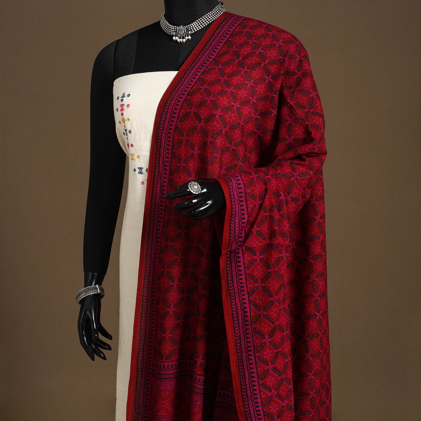 Red Natural Dyed Cotton Block Print Bagh Dupatta