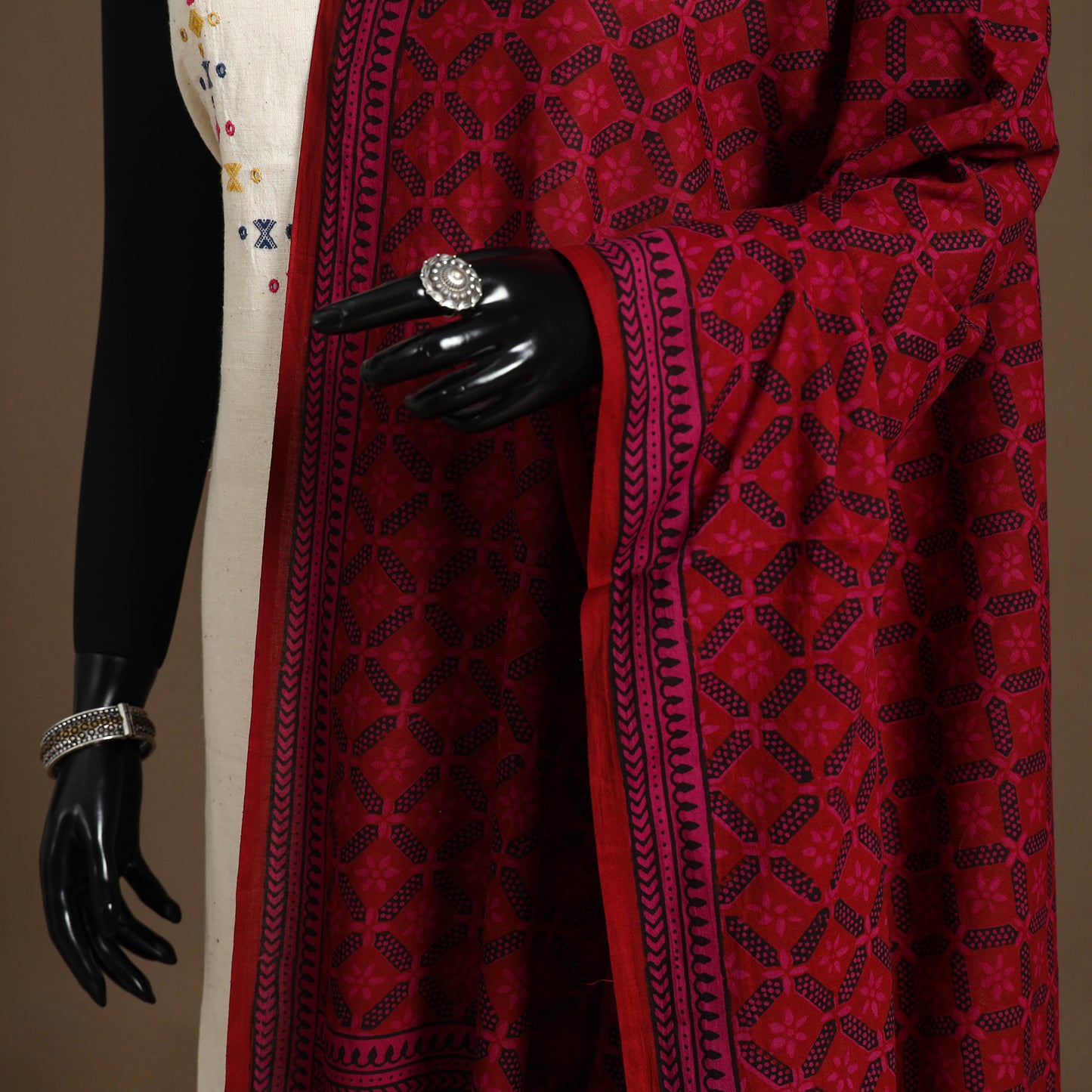 Red Natural Dyed Cotton Block Print Bagh Dupatta