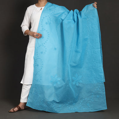 Blue - Patti Kaam Applique Work Pure Cotton Dupatta from Rampur