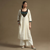 Beige - Plain Solid Slub Silk Straight Kurta