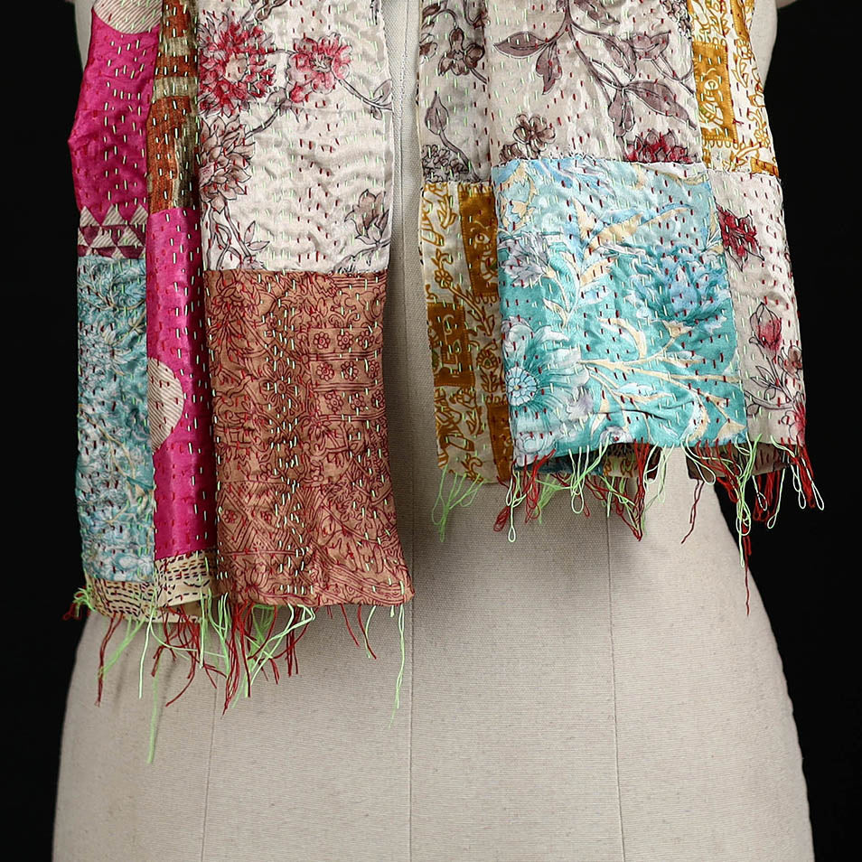 Bengal Kantha Handwork Patchwork Reversible Silk Stole 164