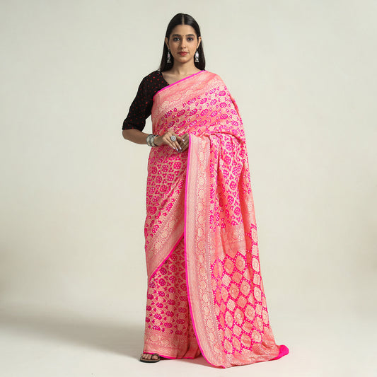 Pink - Kutch Bandhani Tie-Dye Pure Georgette Banarasi Neem Zari Jaal Saree