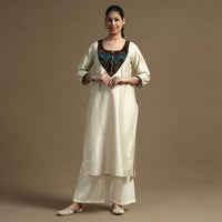 Beige - Plain Solid Slub Silk Straight Kurta