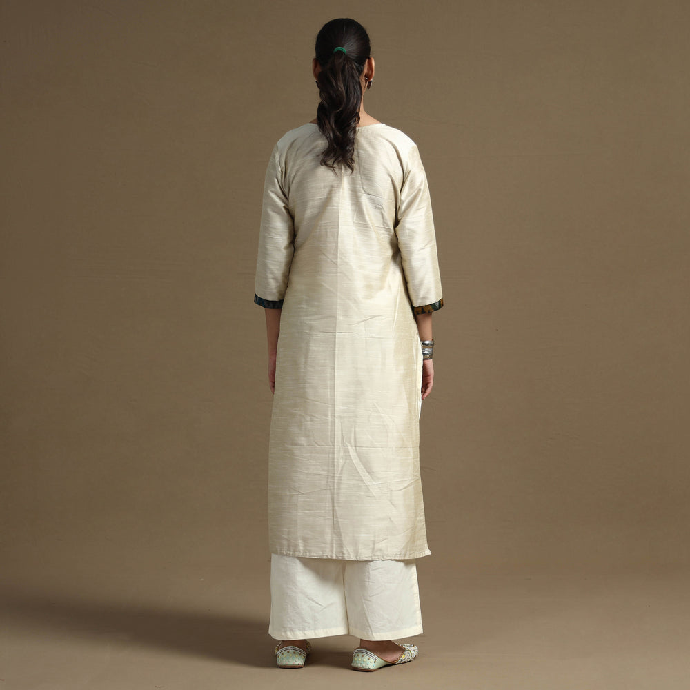 Beige - Plain Solid Slub Silk Straight Kurta