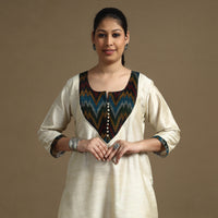 Beige - Plain Solid Slub Silk Straight Kurta