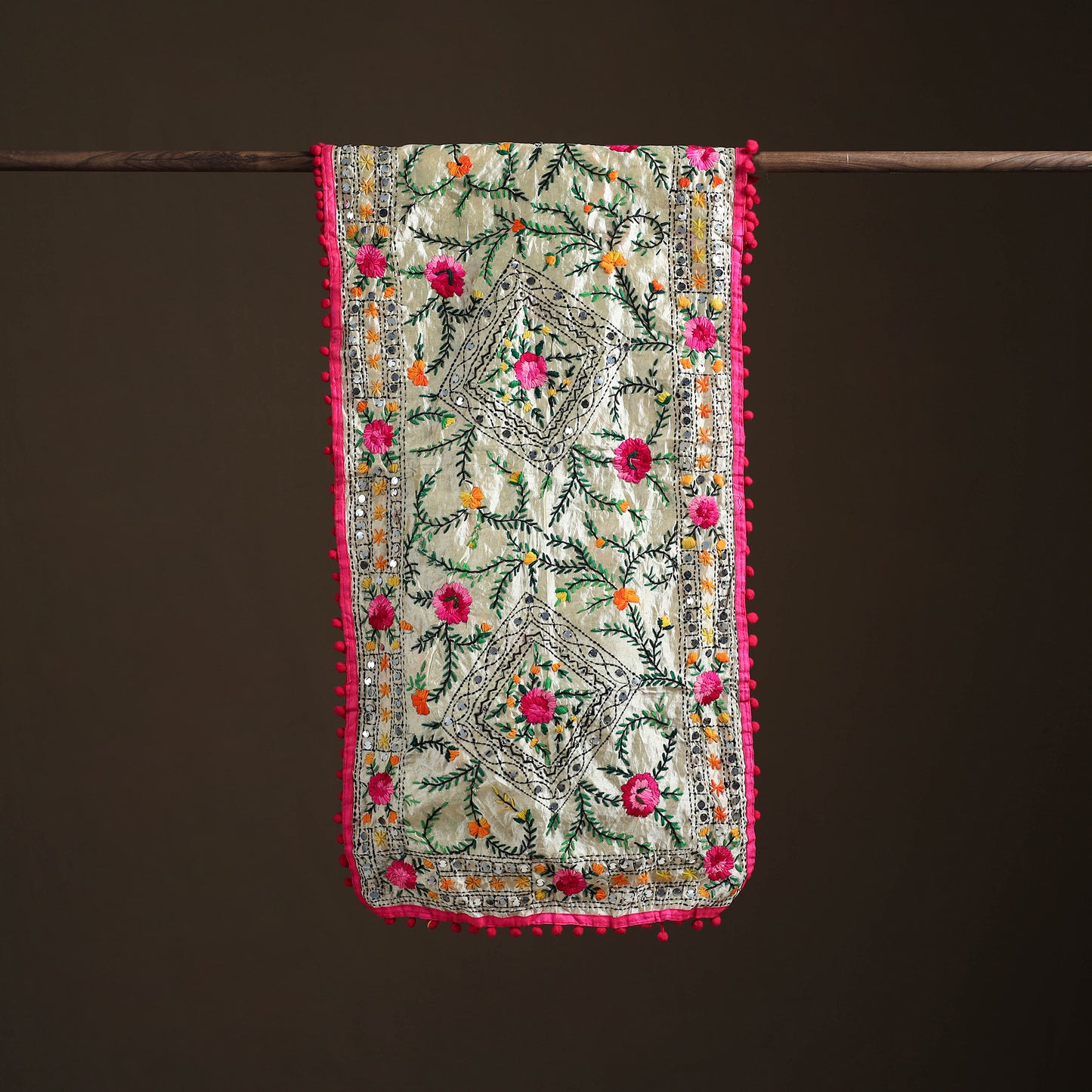 Ranihati Chanderi Silk Hand Embroidered Stole with Pom Pom 250