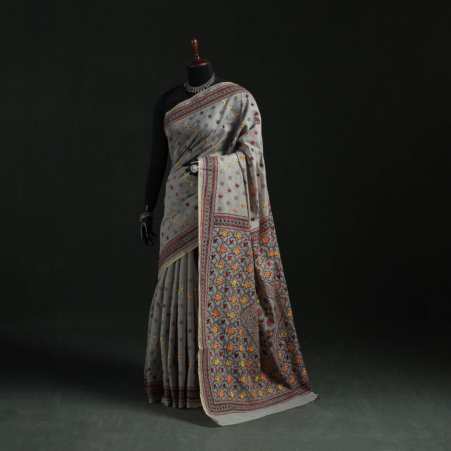Bengal Kantha Hand Embroidery Silk Cotton Chapa Work Saree 85