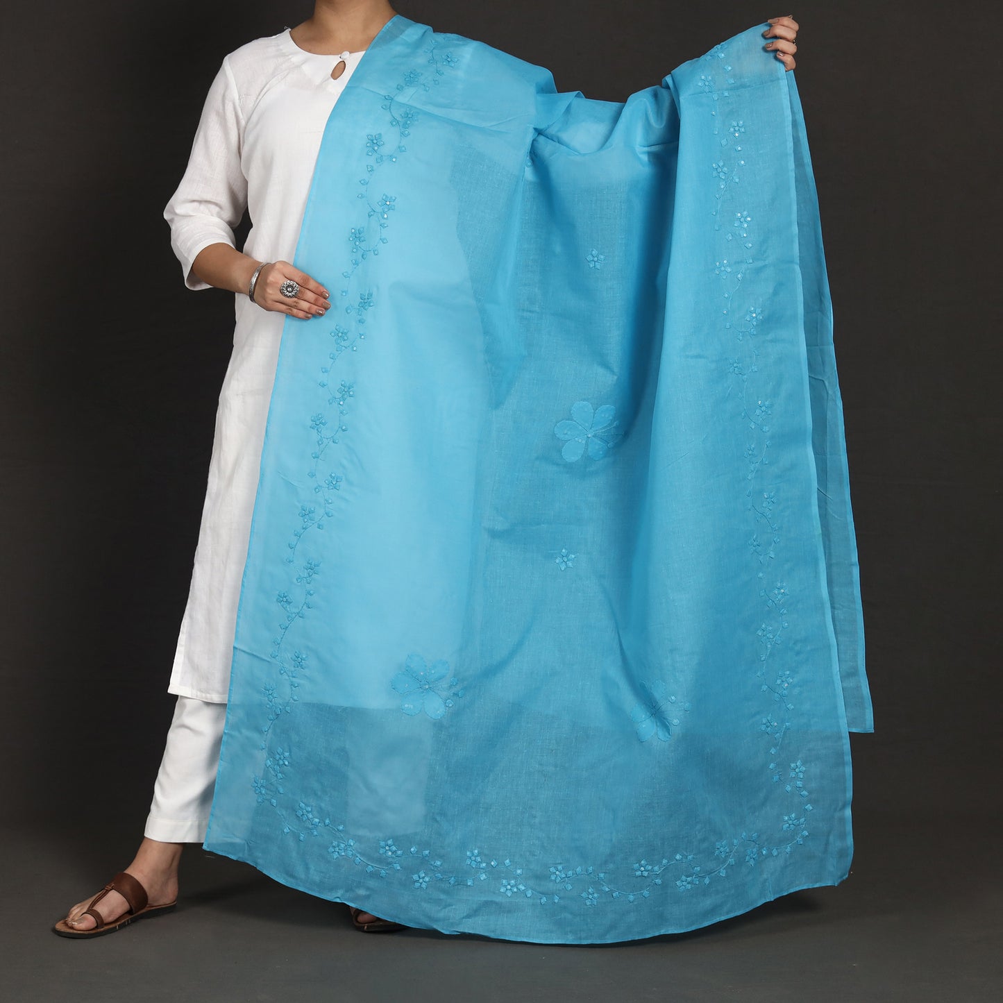 Blue - Patti Kaam Applique Work Pure Cotton Dupatta from Rampur
